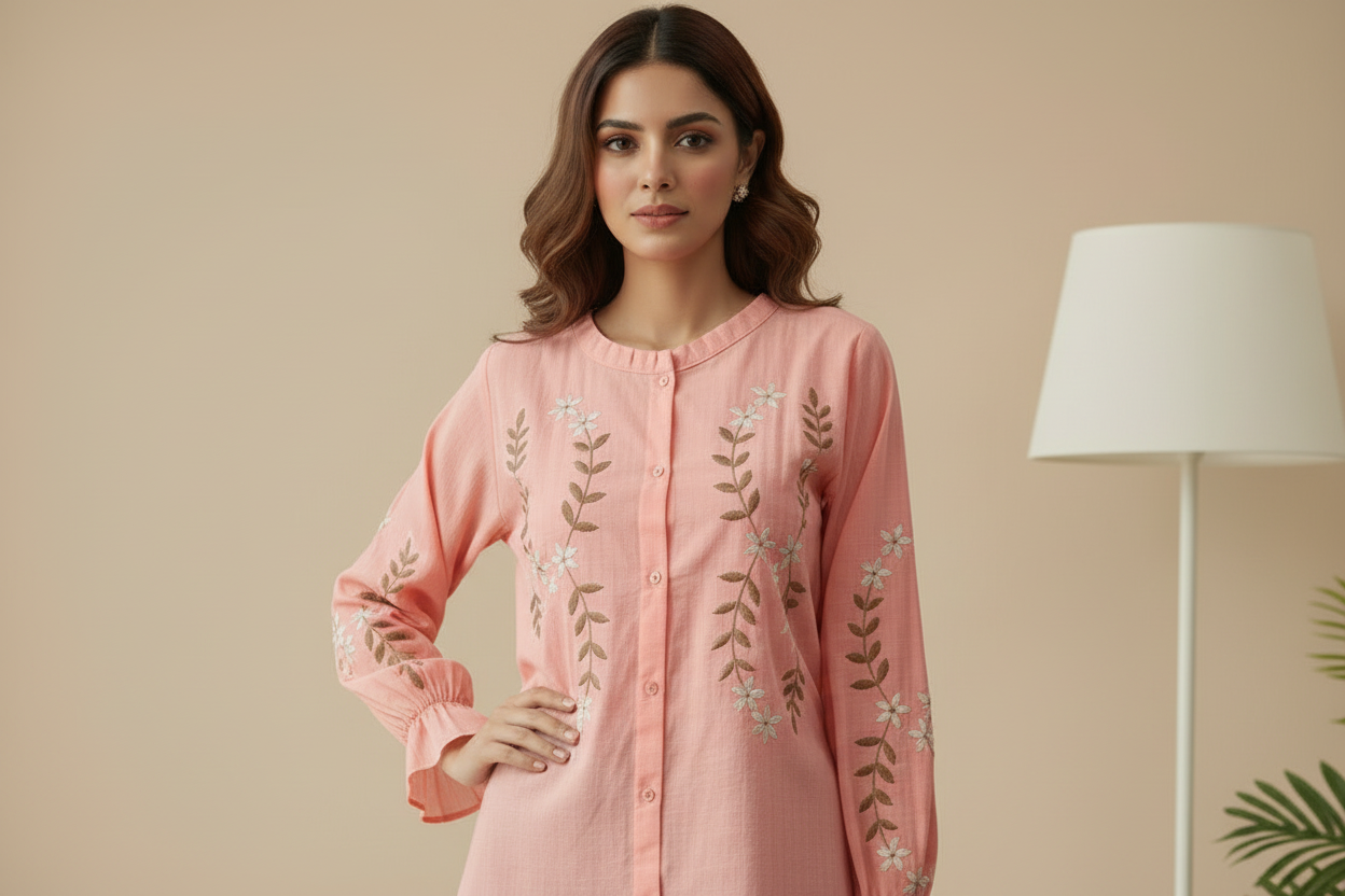 Embroidered Cotton Linen Tunic - Pink