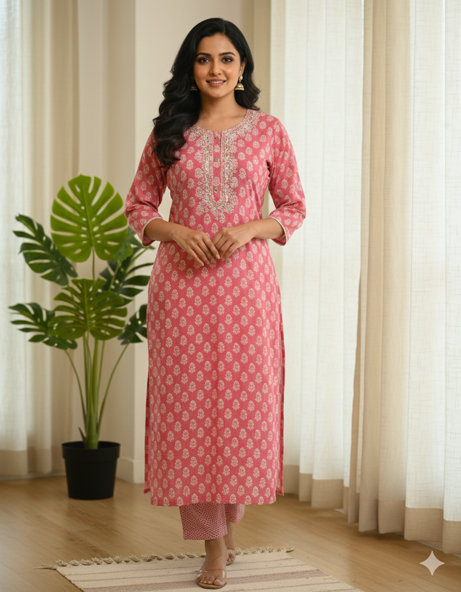Mul Cotton Kurta Pant Set With Embroidery And Sequins