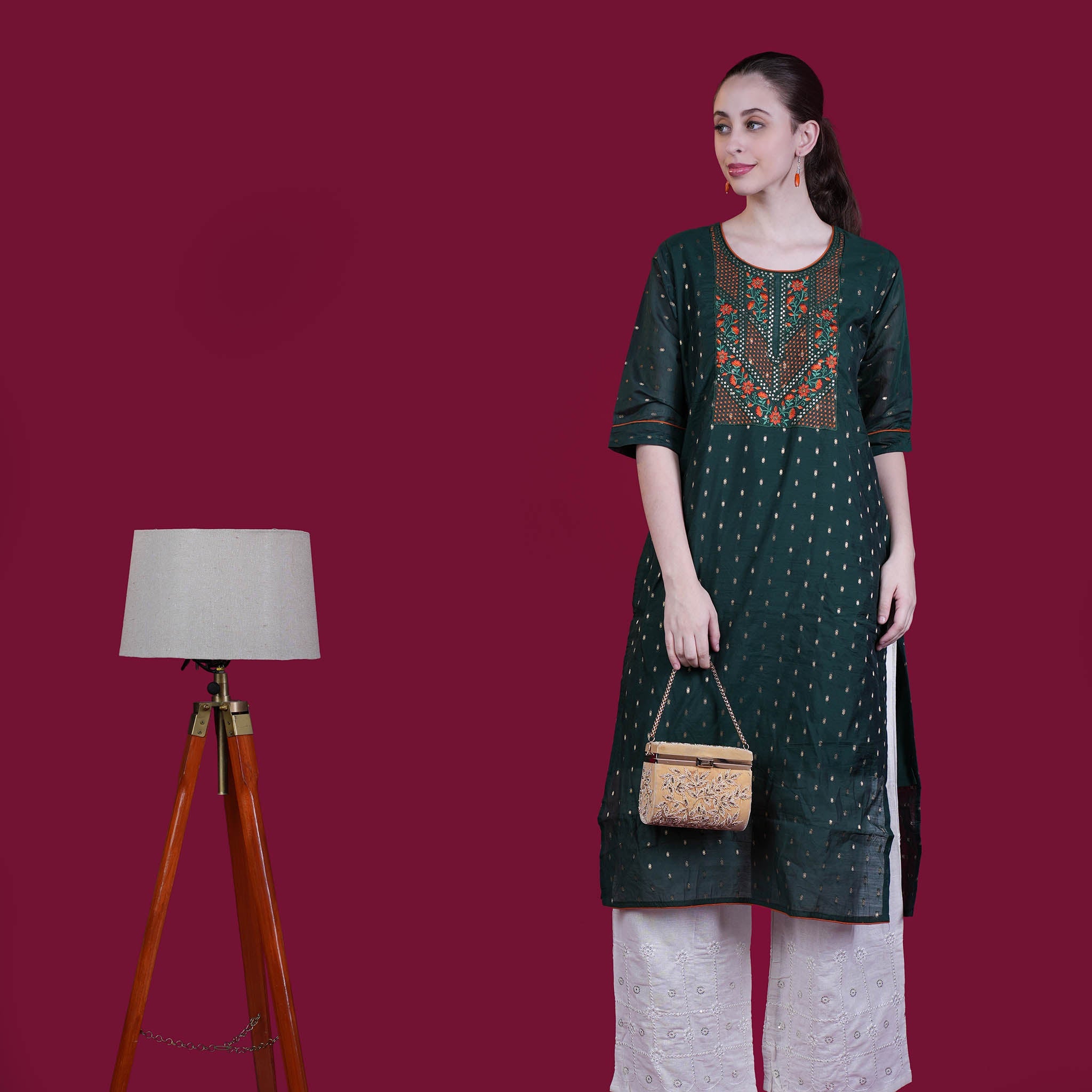 Chanderi Silk Kurta With Embroidery - Green