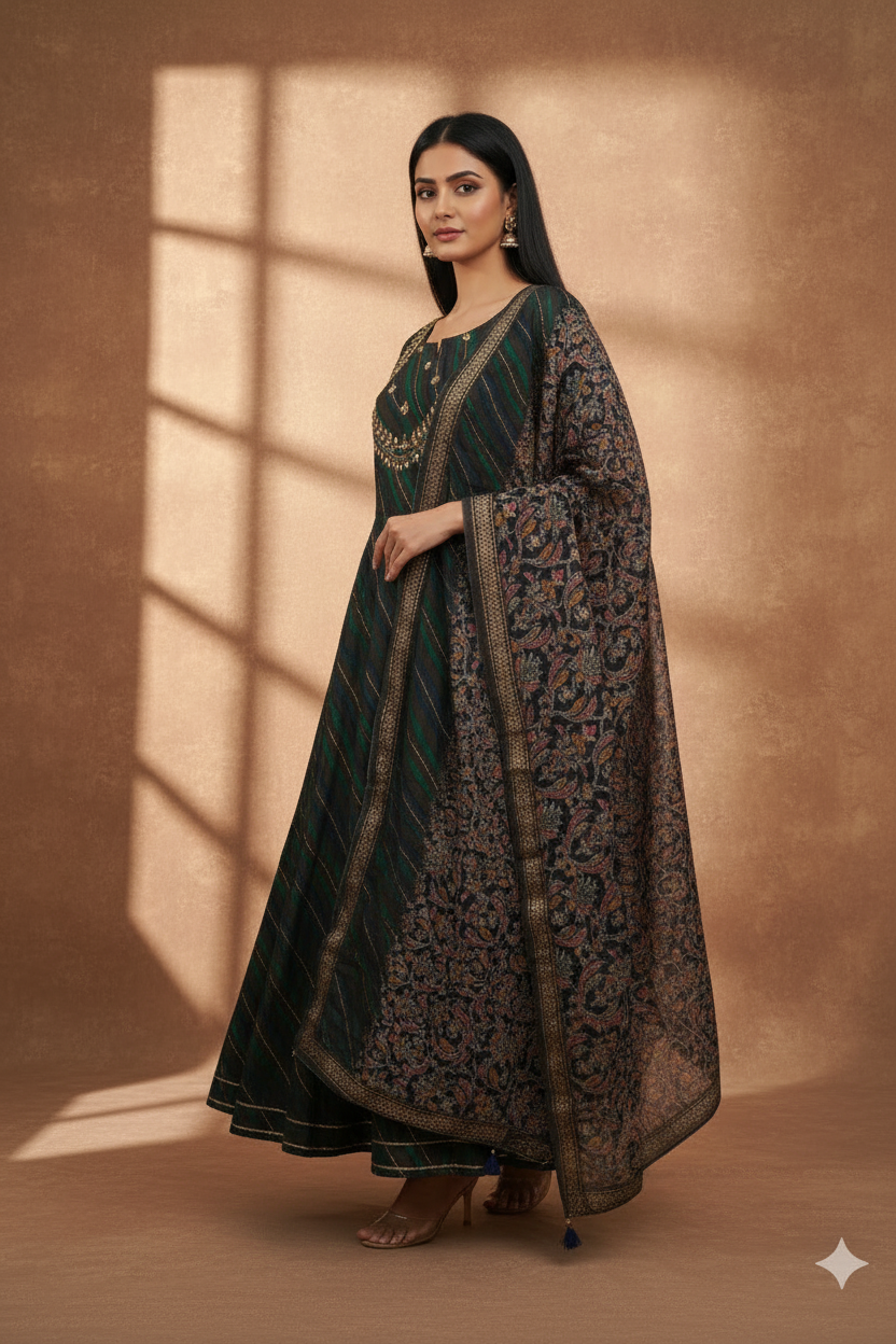 Ethnic Chanderi Silk One Piece Dress With Dupatta