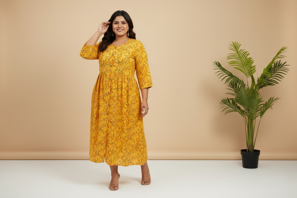 Floral Print Cotton One Piece Dress With Wooden Buttons