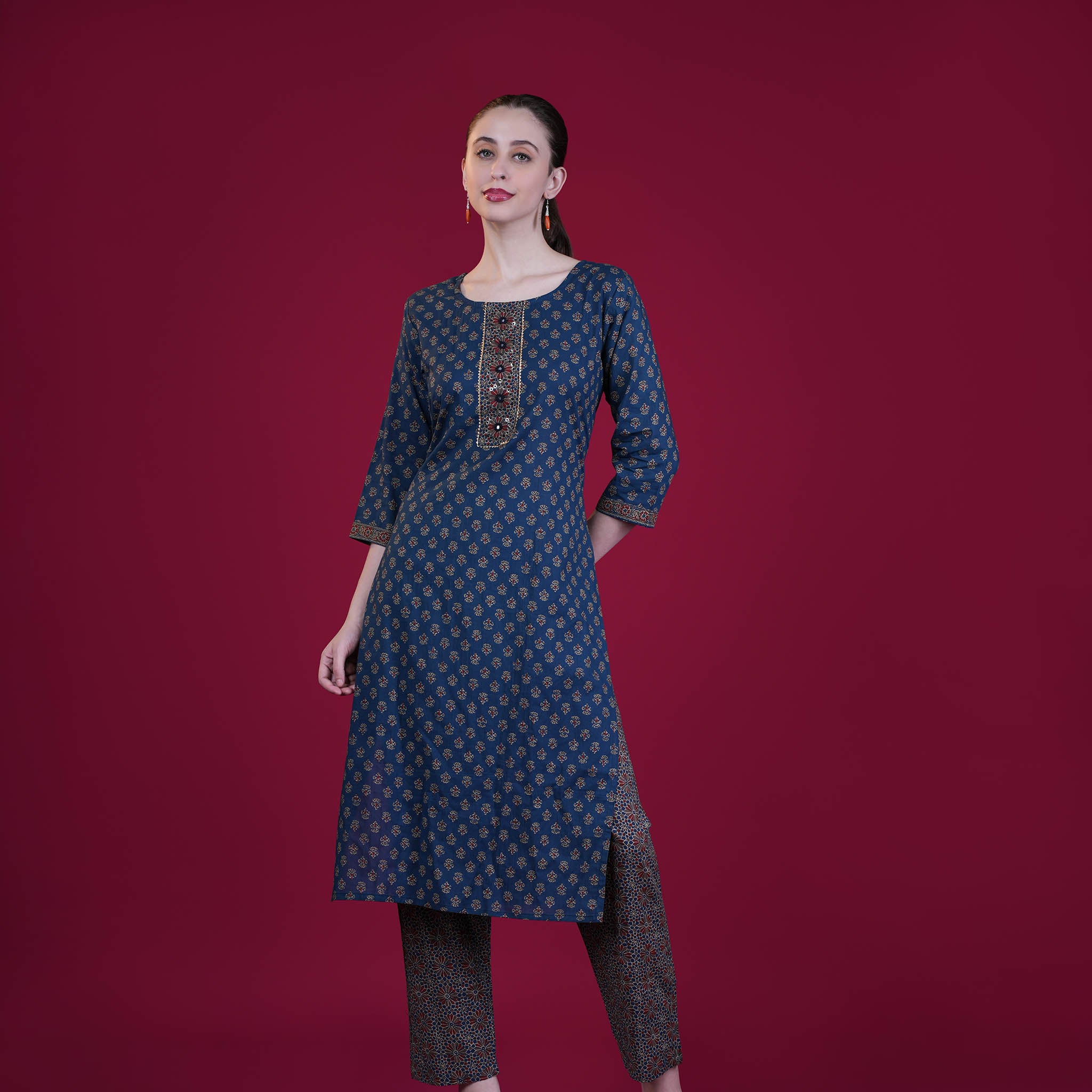 Ajrakh Print Cotton Kurta Pant Dupatta Set