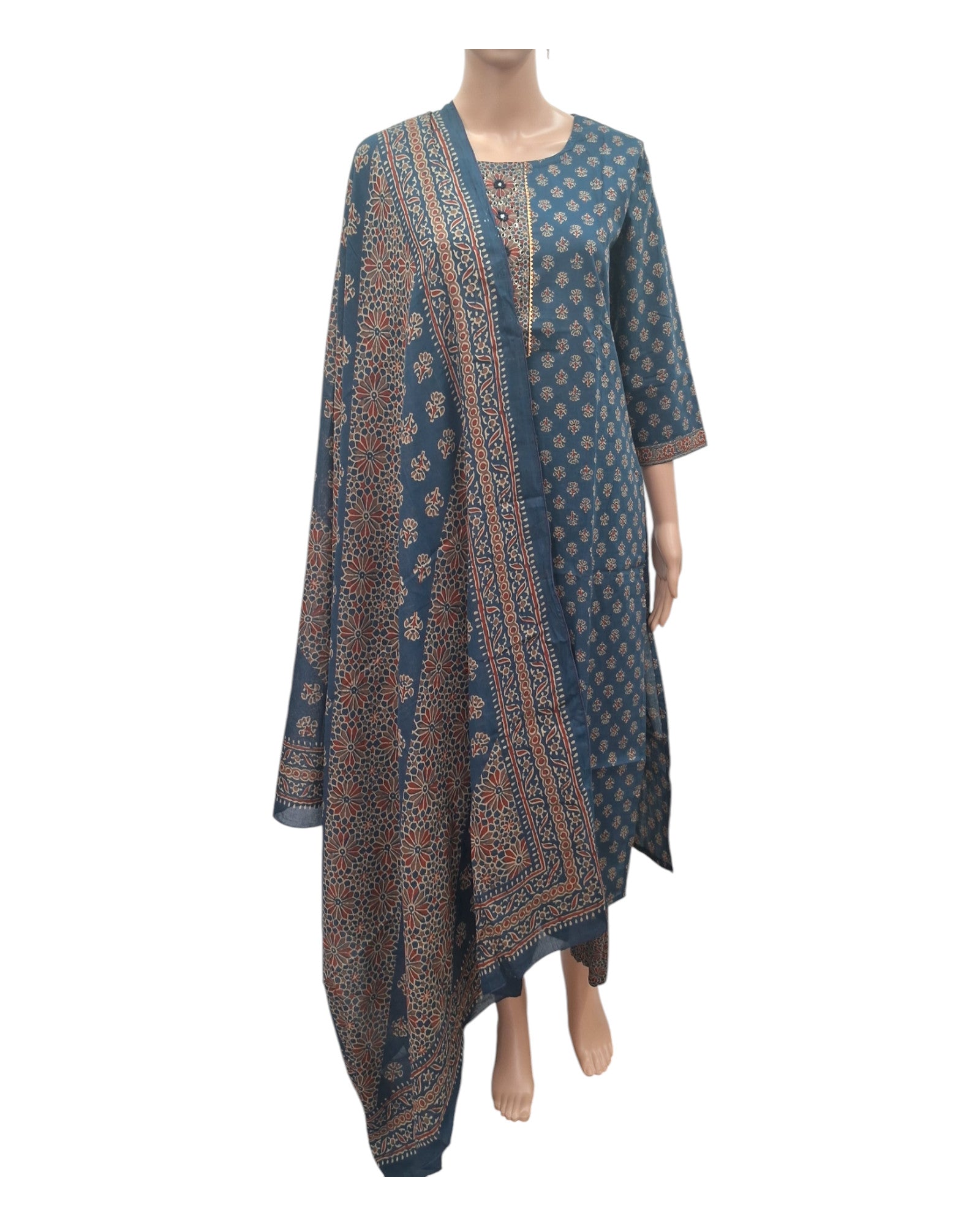 Buy Ajrakh Print Cotton Kurta Pant Dupatta Set – Tvahra