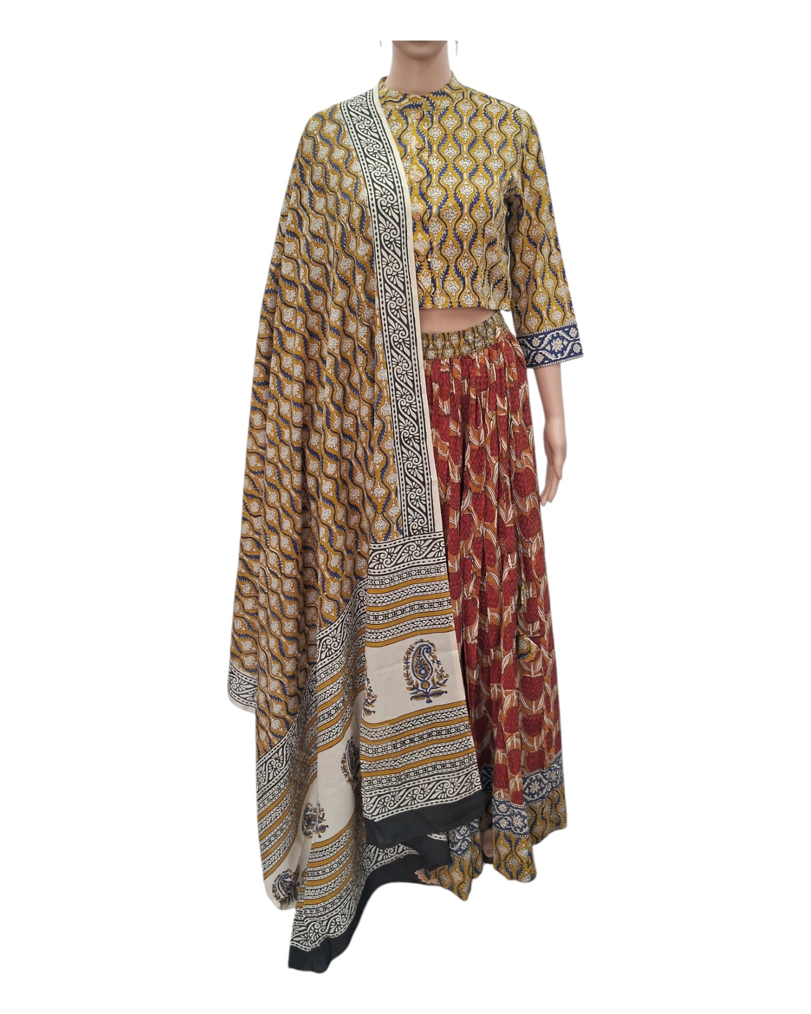 Buy Hand Block Dabu Print Cotton Lehenga Choli Set With Crop Top – Tvahra