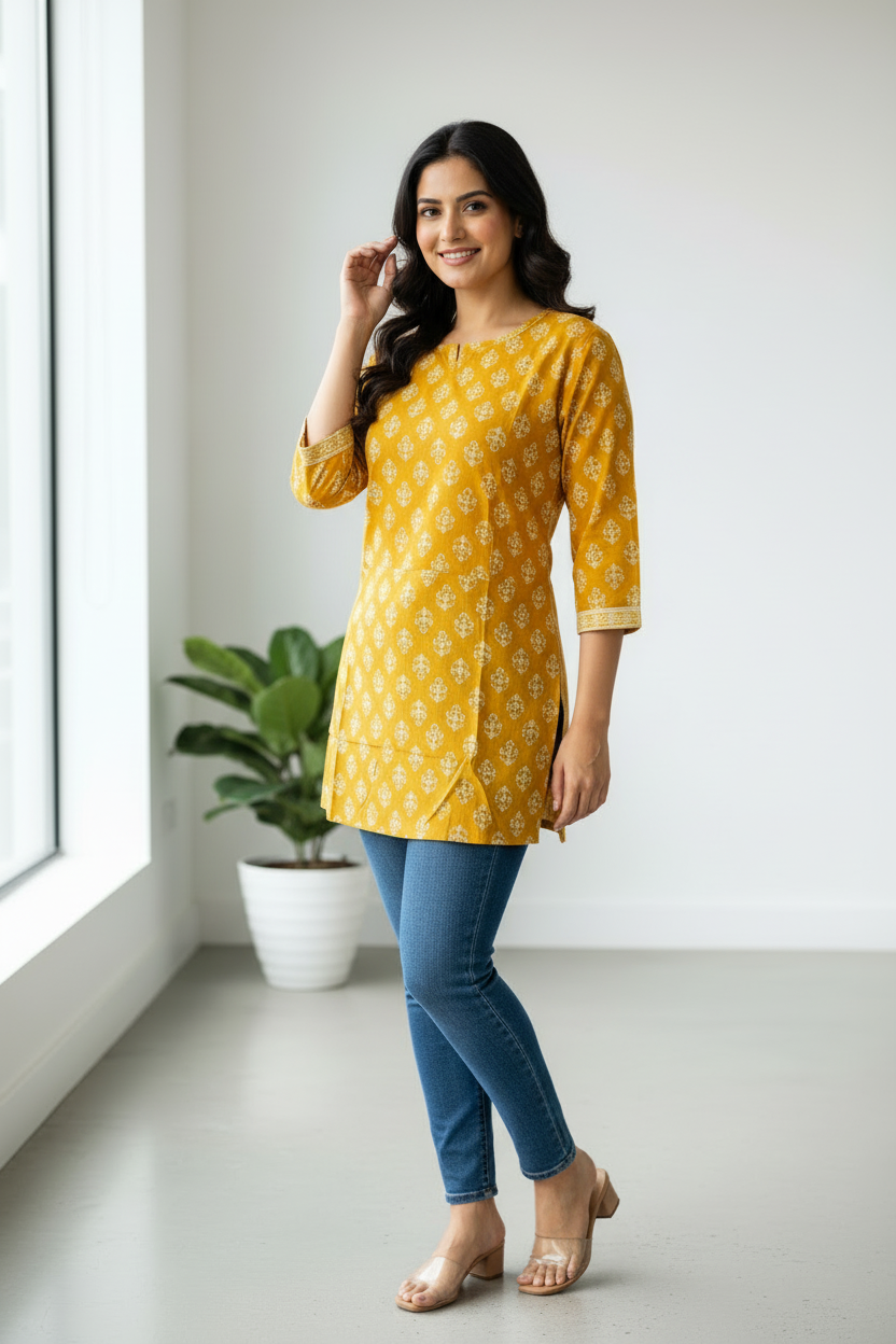 Casual Printed Cotton Tunic - Mustard