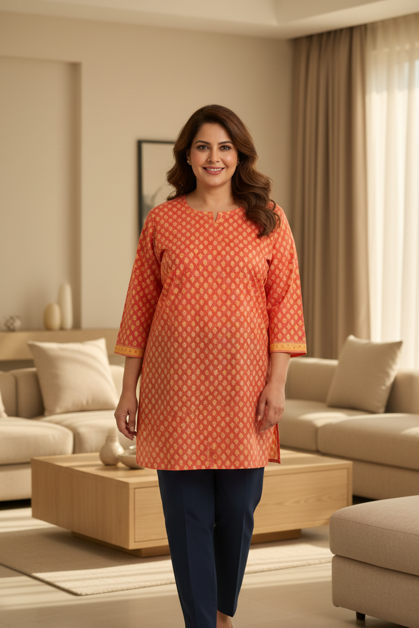 Casual Printed Cotton Tunic - Orange