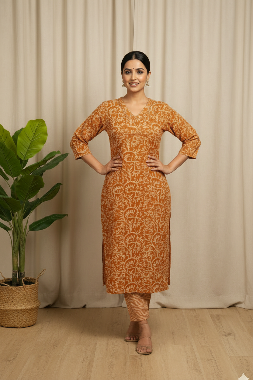 Batik Print V Neck A-Line Cotton Kurta Pant Set