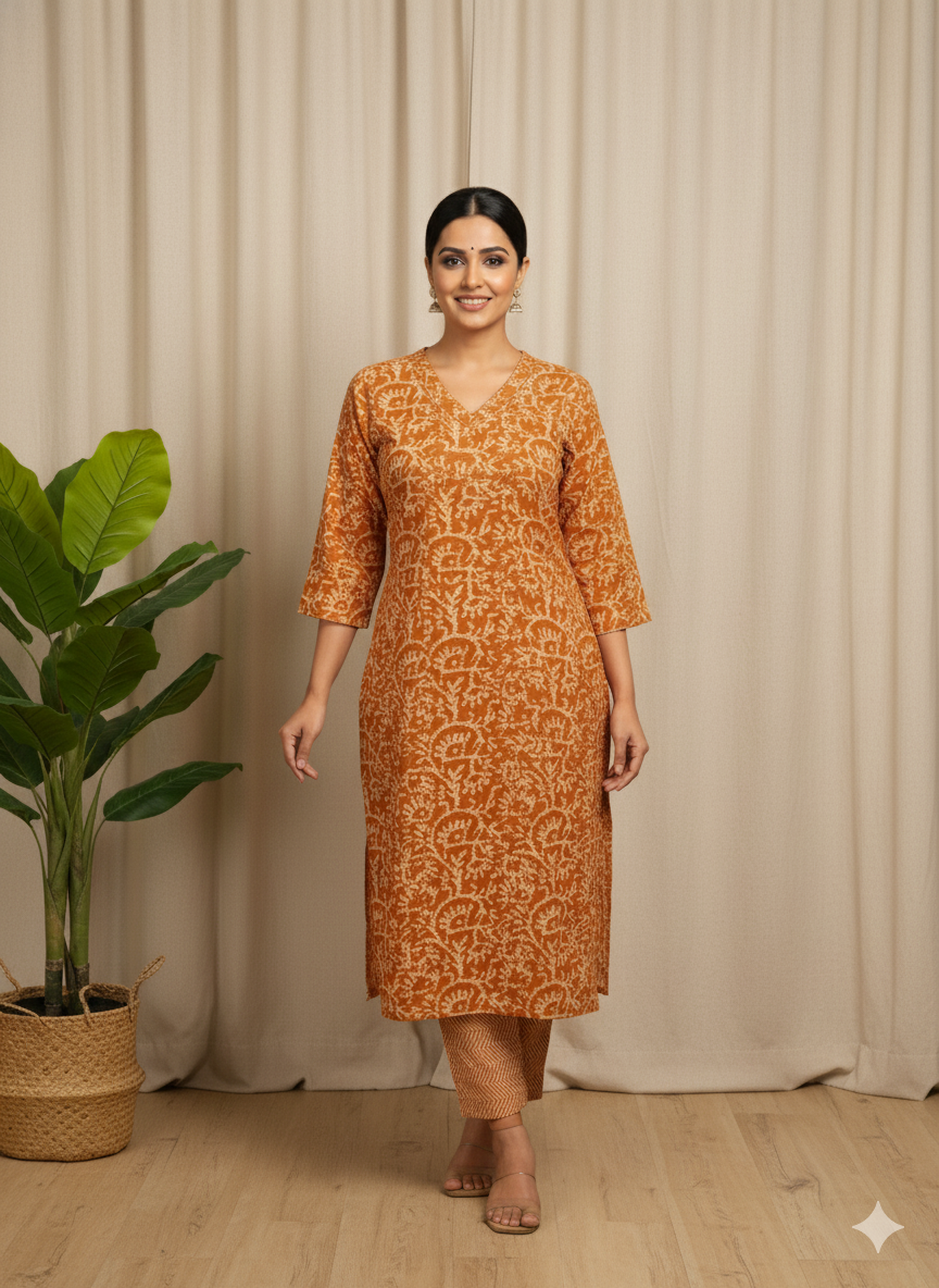 Batik Print V Neck A-Line Cotton Kurta Pant Set
