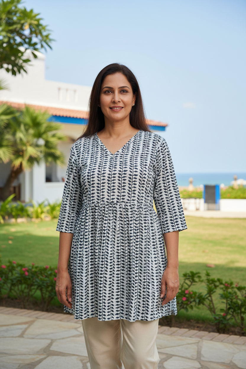 Cotton Peplum Top With V Neck - White & Blue