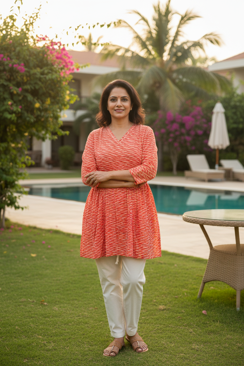 Cotton Peplum Top With V Neck - Orange