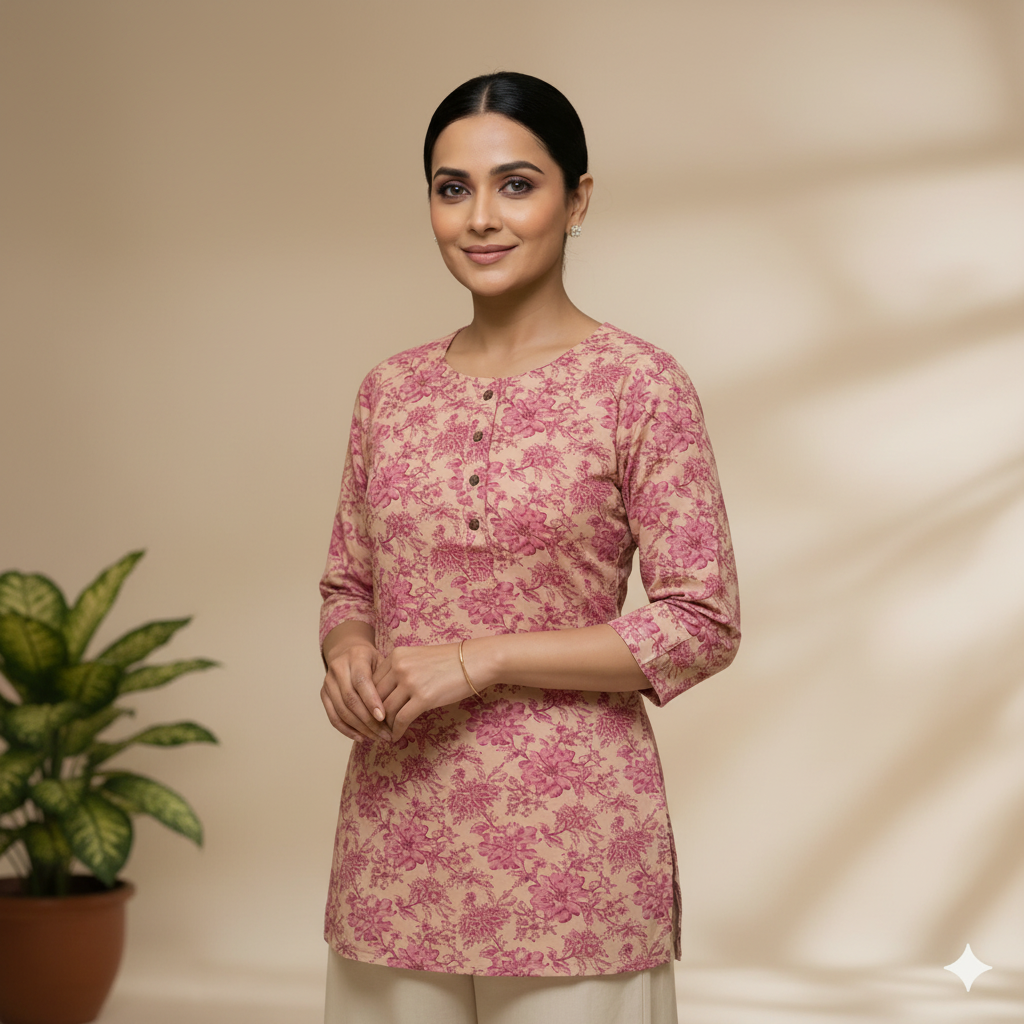 Casual Printed Cotton Tunic - Pink