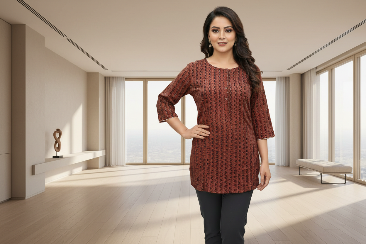 Casual Printed Cotton Tunic - Reddish Maroon