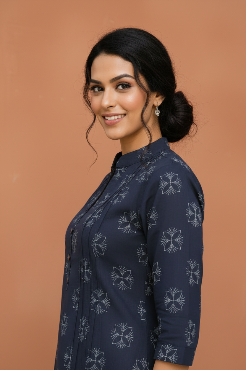 Cotton A Line Tunic With Asian Collar And Pin Tucks