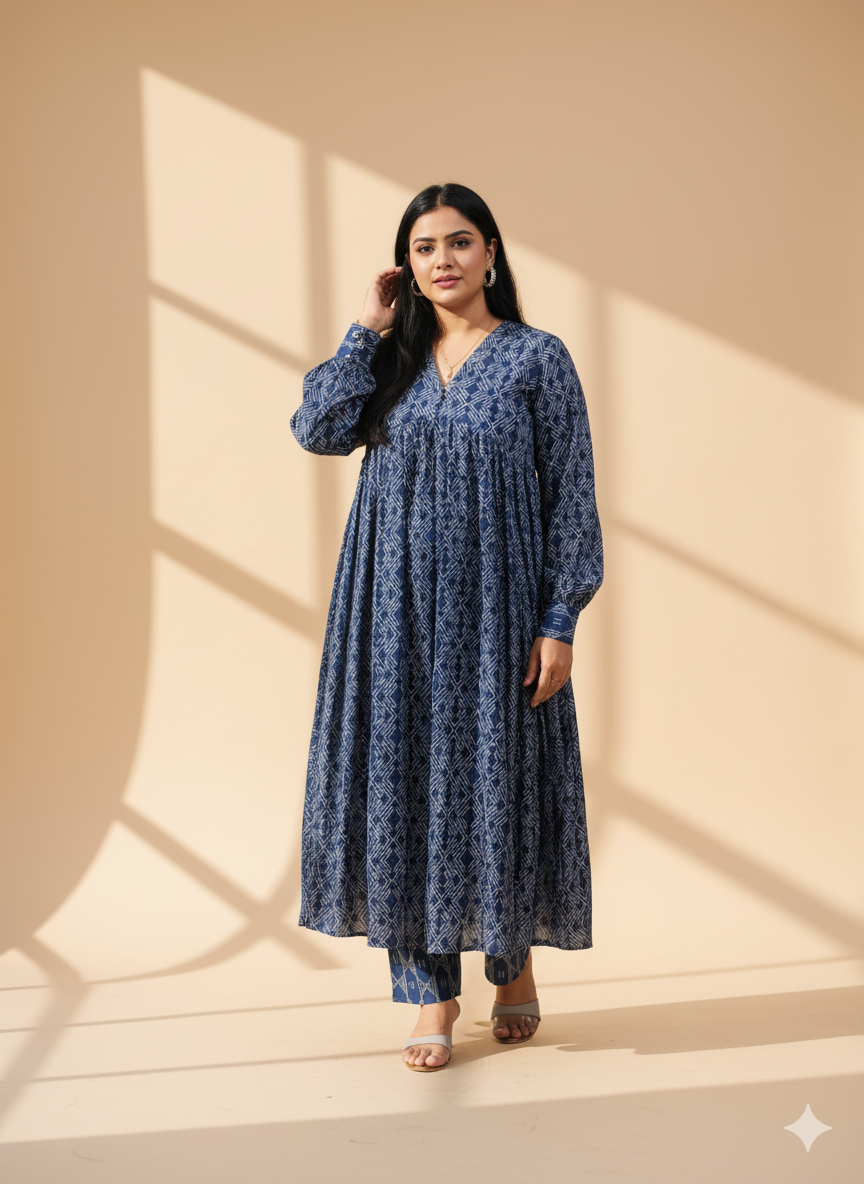 V Neck Muslin Kurta Pant Set With Alia Cut