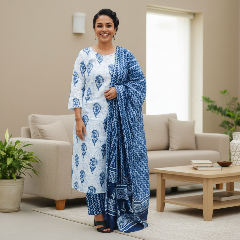 Batik Print Cotton Kurta Pant Dupatta Set With Zig Zag Pattern