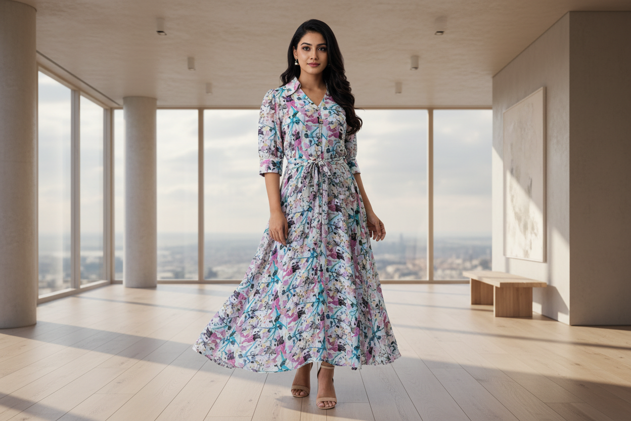 Digital Print Linen Cotton One Piece Dress