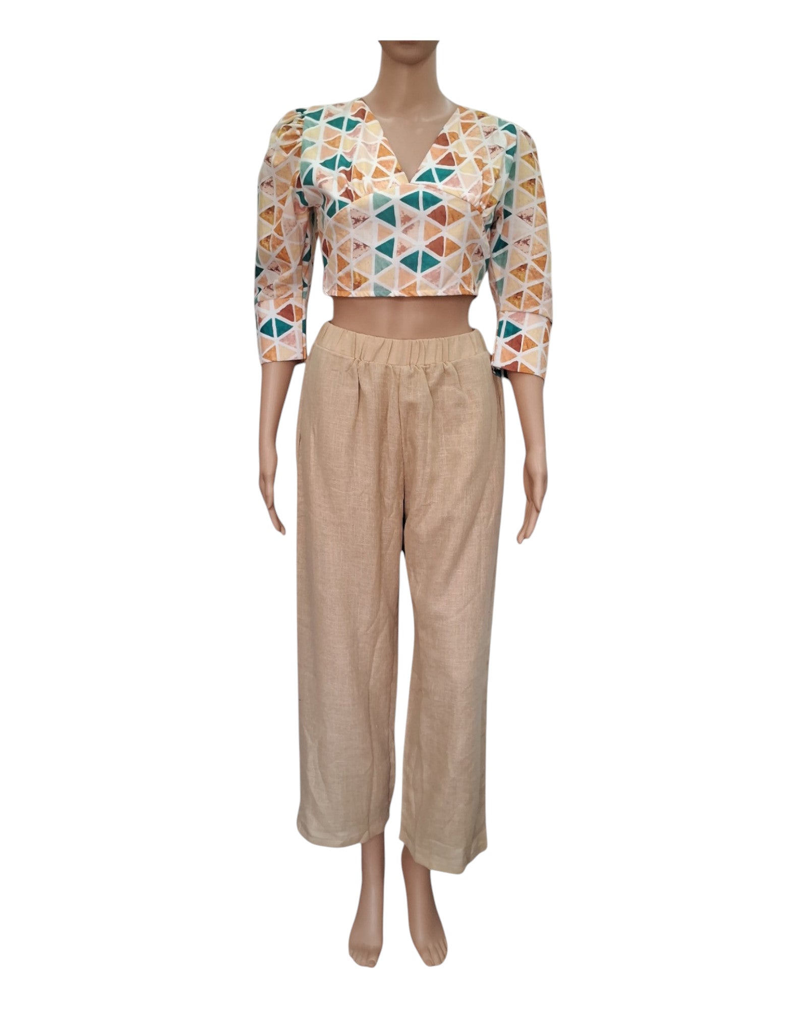 Buy Cotton Linen Two Piece Outfit With Crop Top And Straight Pants – Tvahra