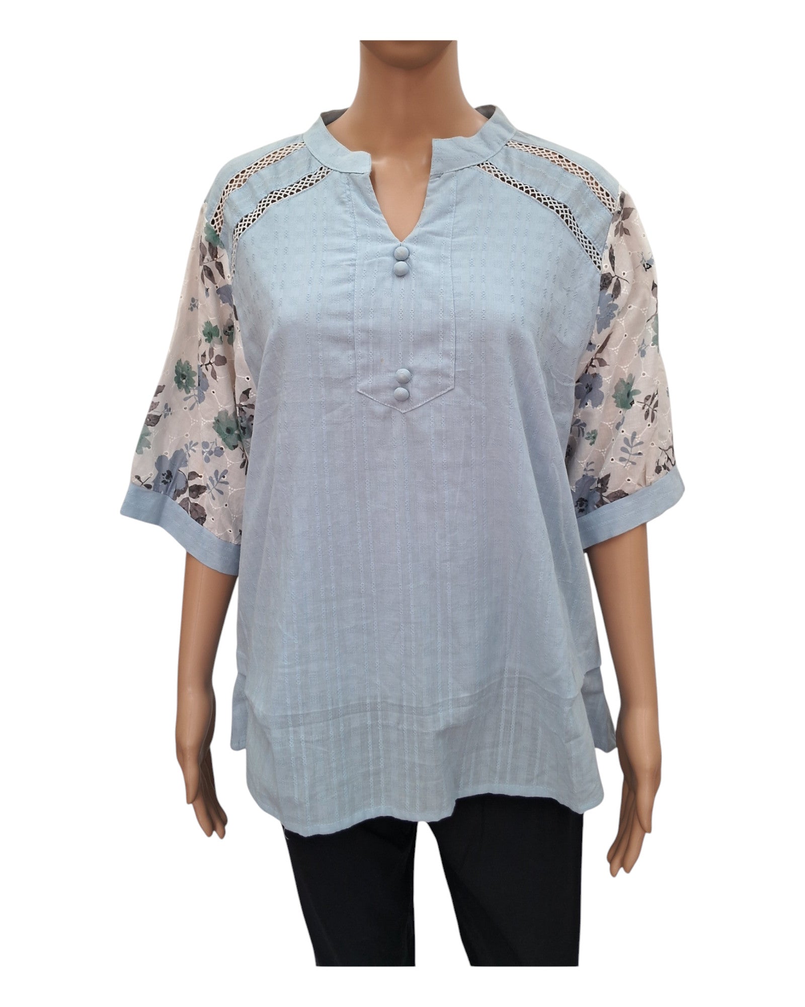 Plain Cotton Top With Floral Print Hakoba Sleeves
