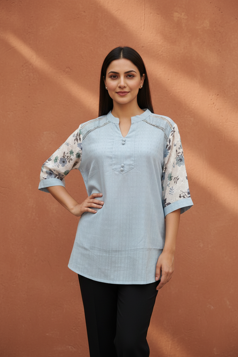 Plain Cotton Top With Floral Print Hakoba Sleeves
