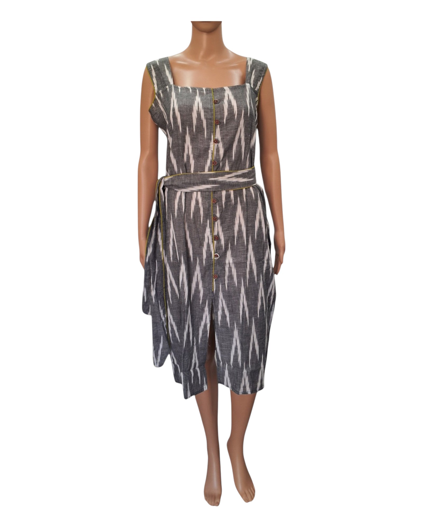 Buy Ikkat Print Cotton Sleeveles One Piece Dress With Belt – Tvahra