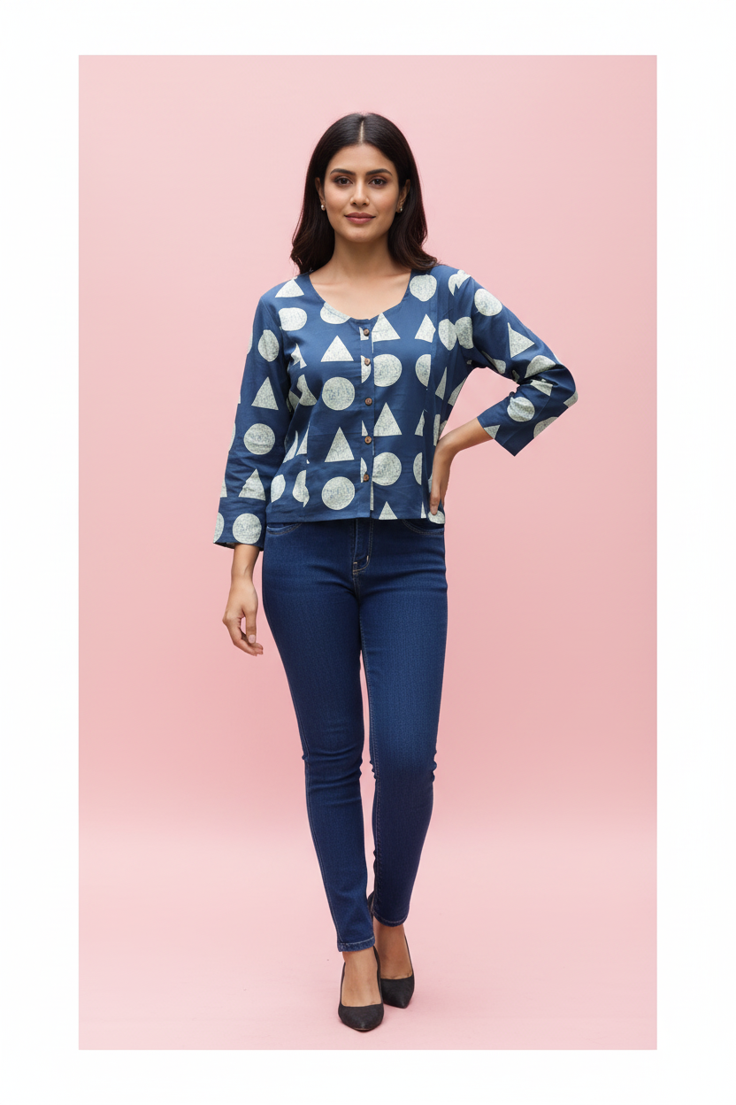 Printed With Front Button Cotton Crop Top