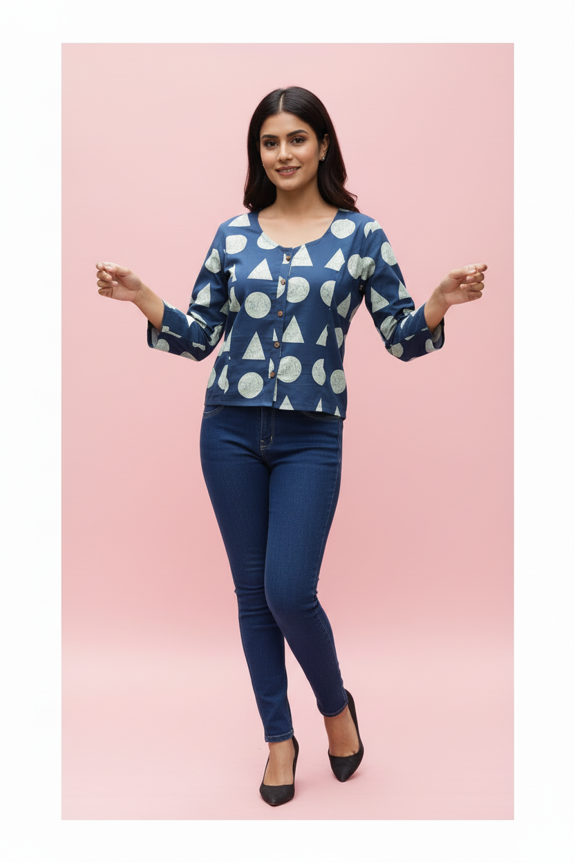 Printed With Front Button Cotton Crop Top