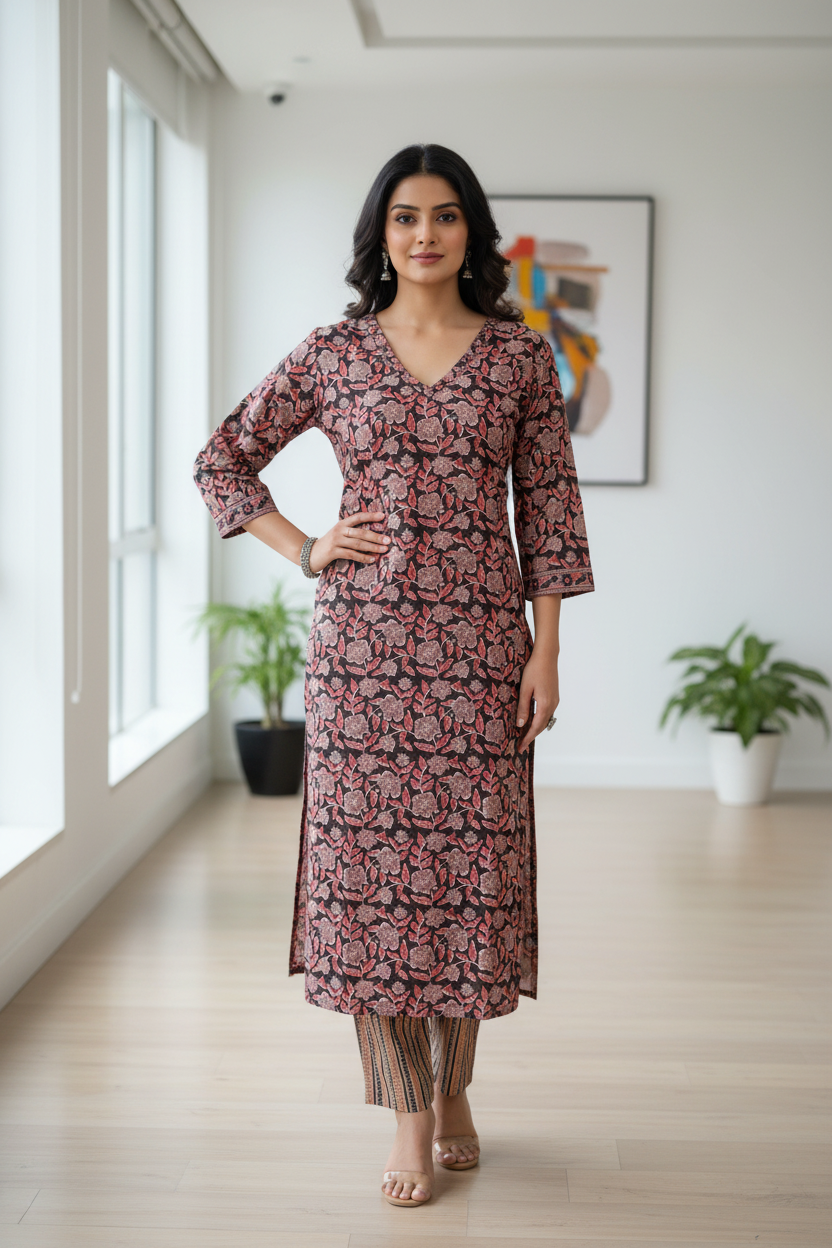 Floral Print Cotton Kurta Pant Set With V Neck