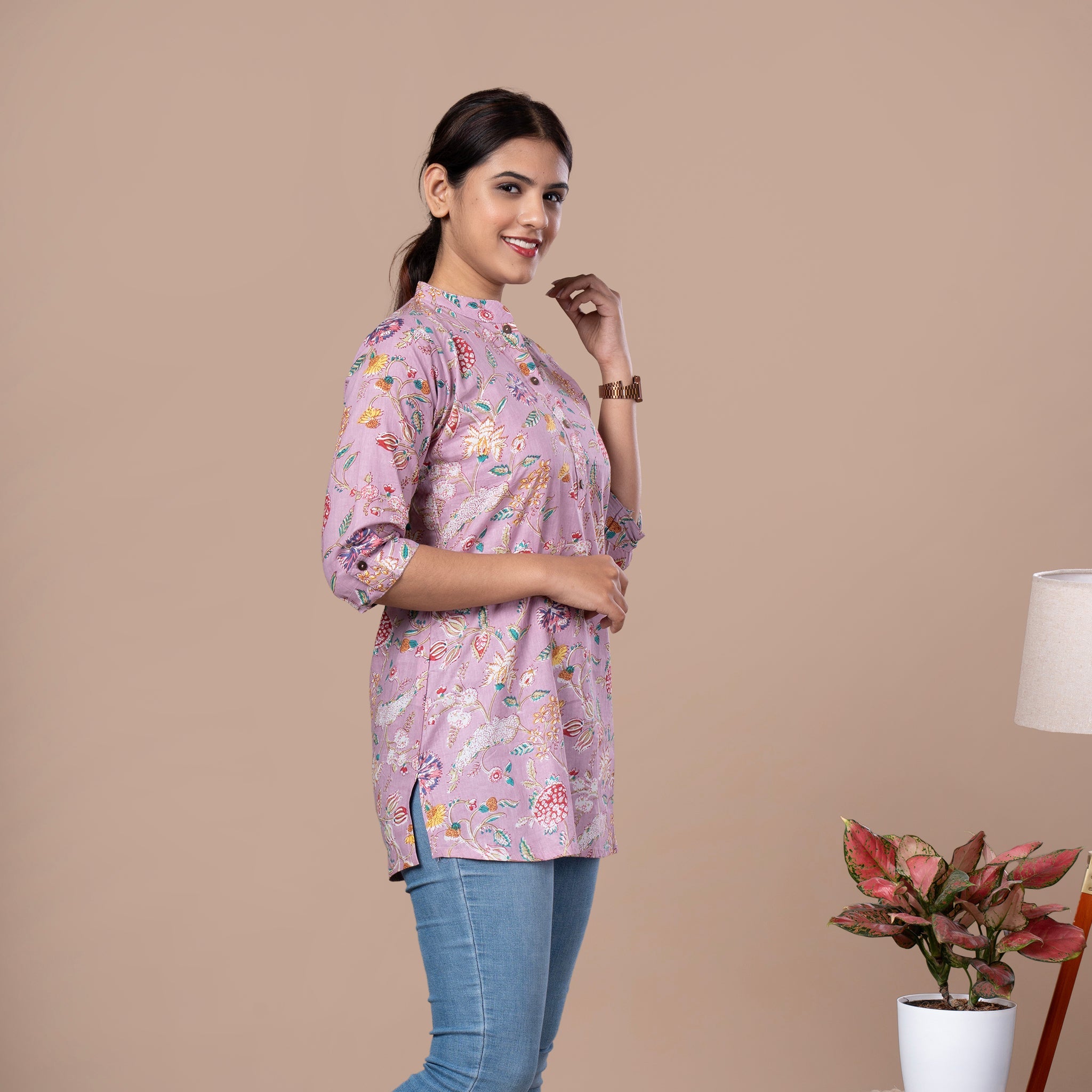 Asian Collar Floral Print Cotton Tunic With Buttons - Lavendar Green