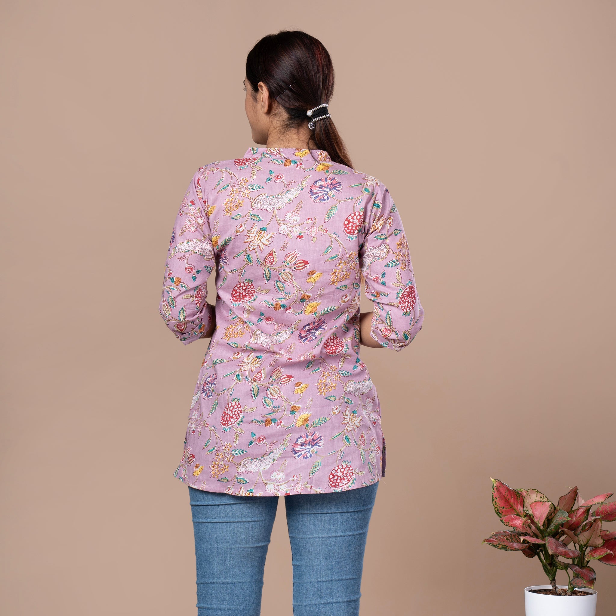 Asian Collar Floral Print Cotton Tunic With Buttons - Lavendar