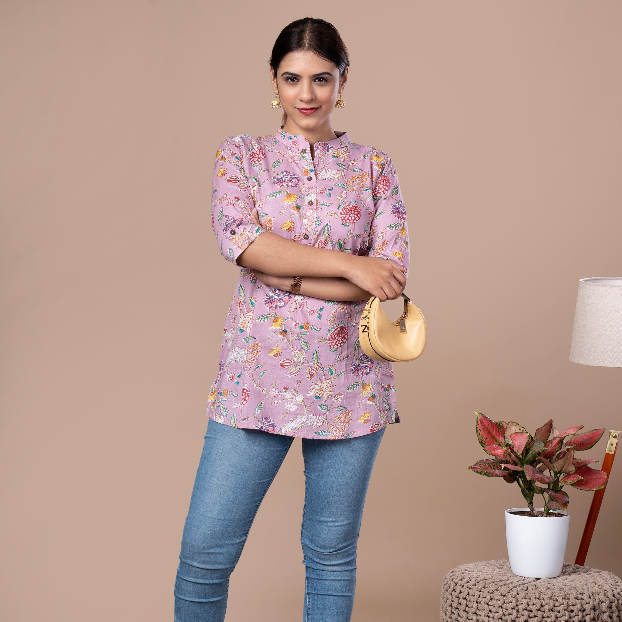 Asian Collar Floral Print Cotton Tunic With Buttons - Lavendar