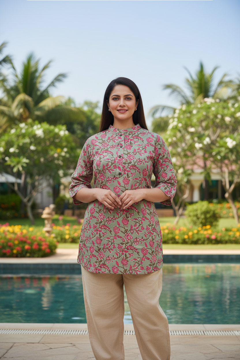 Asian Collar Floral Print Cotton Tunic With Buttons - Lavendar Green