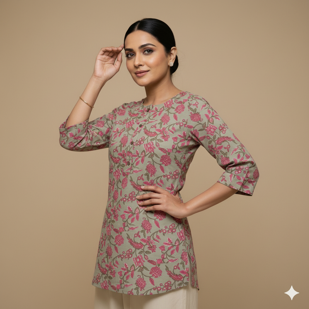 Round Neck Floral Print Cotton Tunic With Buttons - Lavendar Green