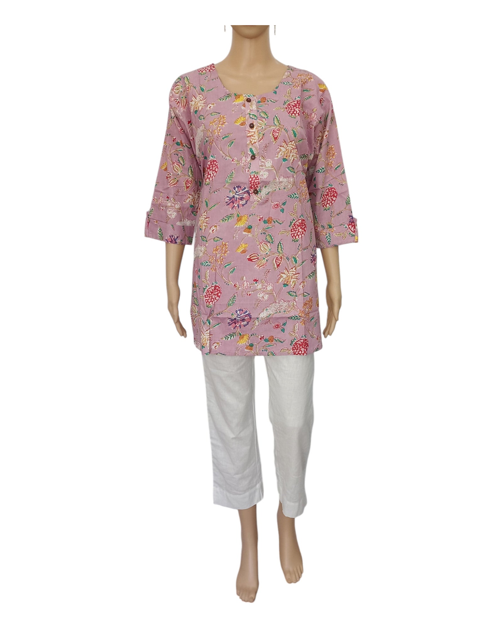 Round Neck Floral Print Cotton Tunic With Buttons - Lavendar
