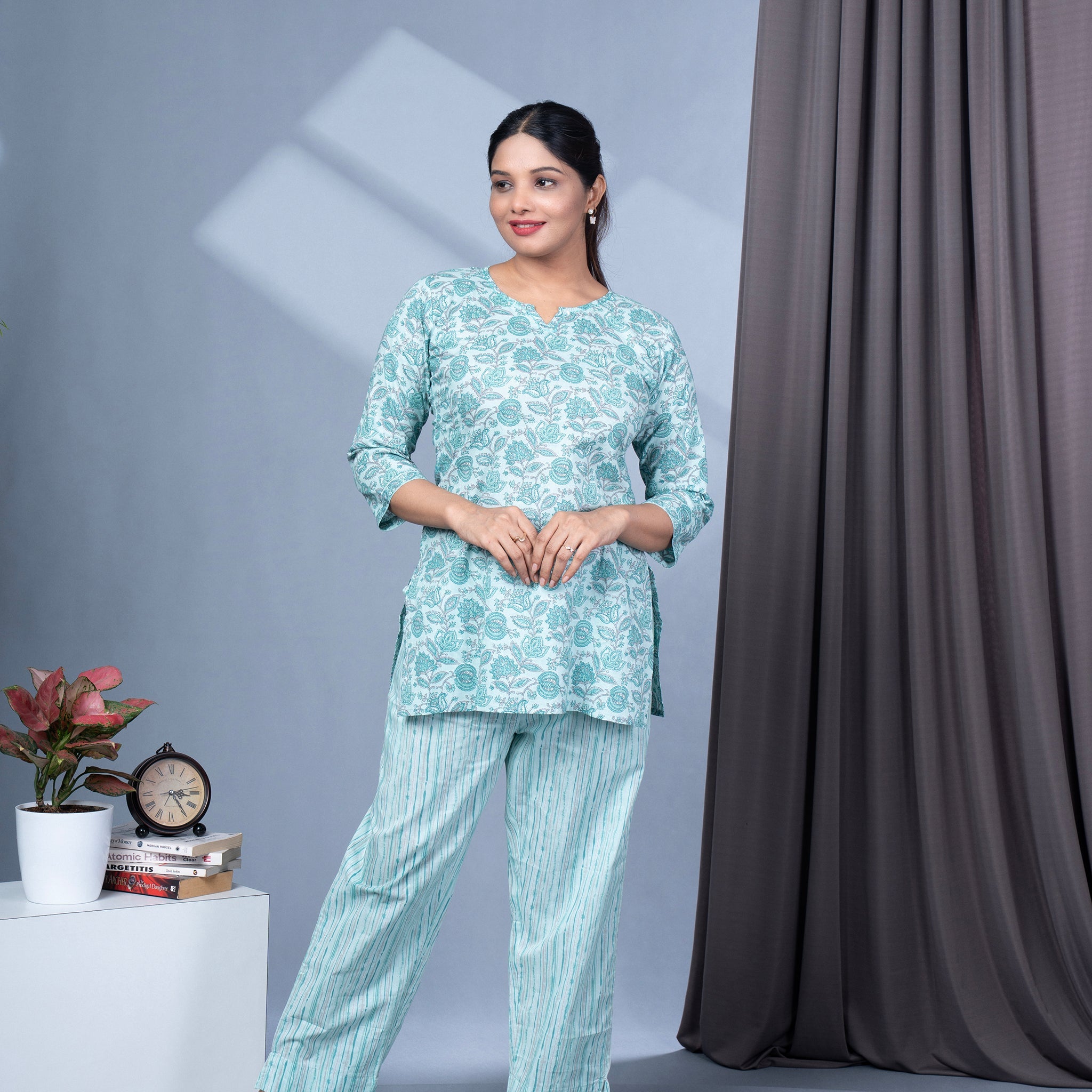Two Piece Cotton Lounge Wear - Teal