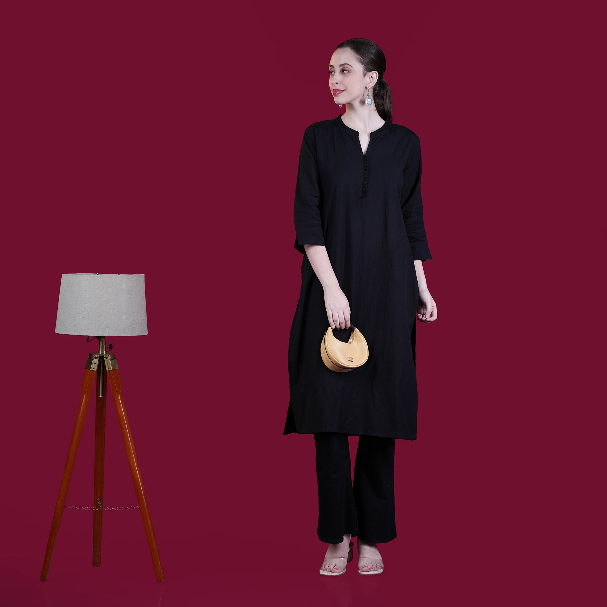 Asian Collar Plain Solid Cotton Flex Kurta - Black