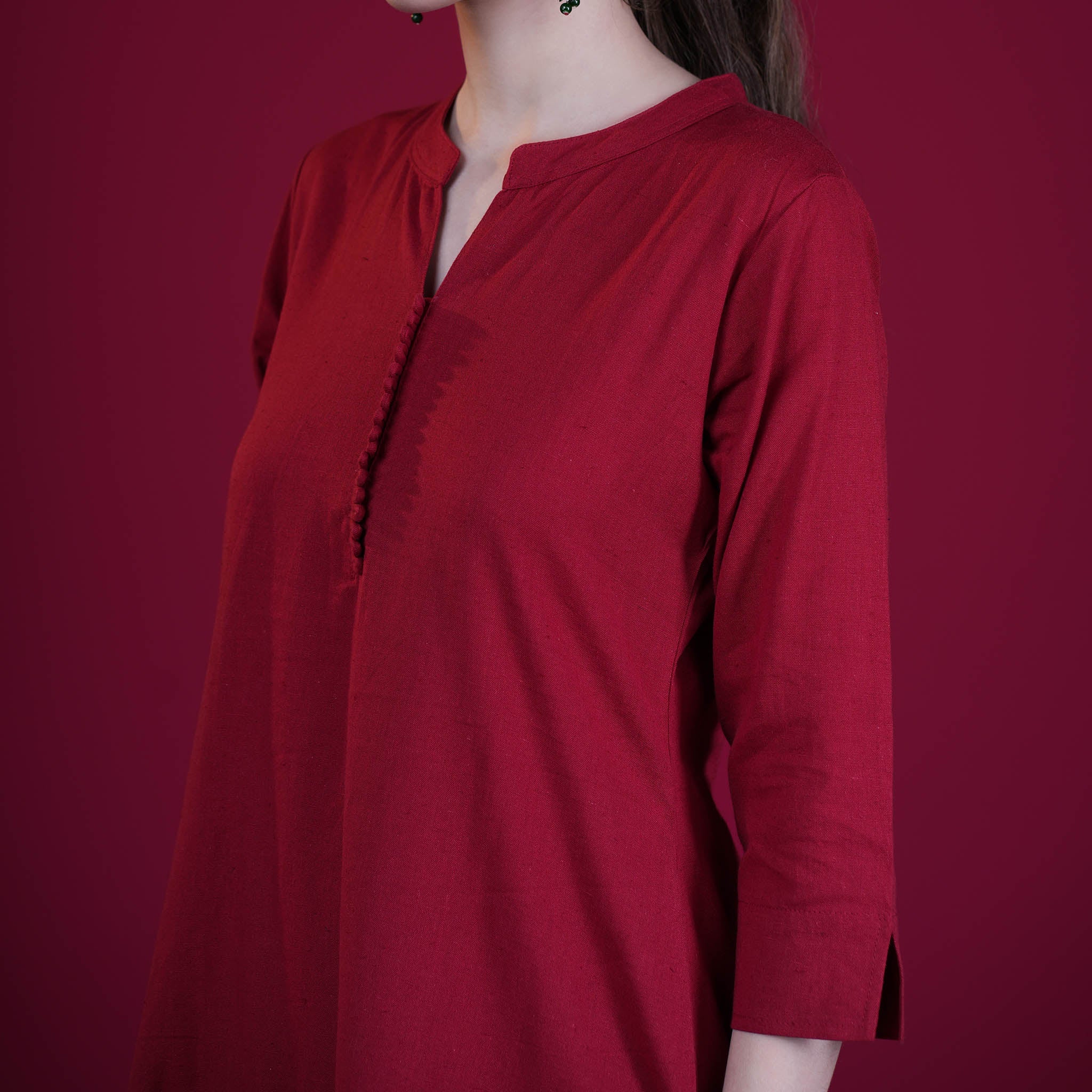 Asian Collar Plain Solid Cotton Flex Kurta - Red