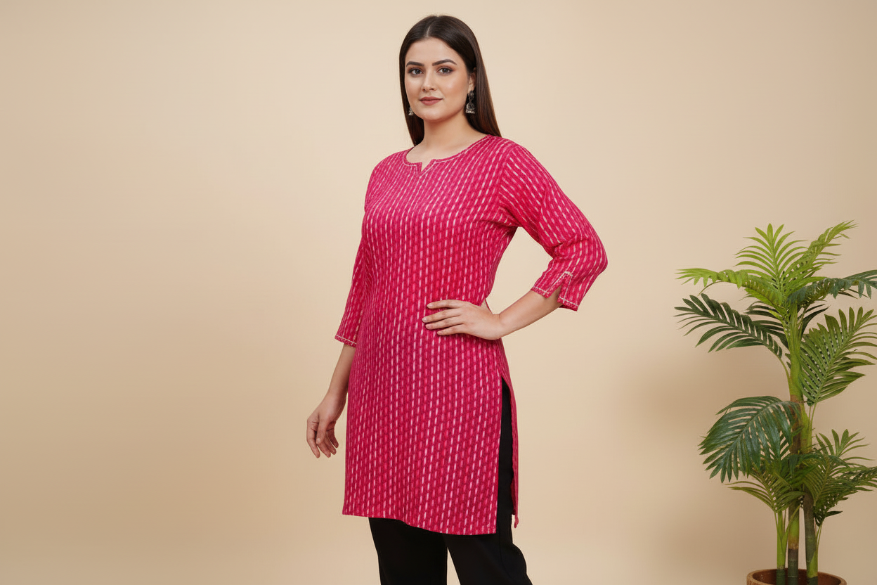 Printed Muslin Tunic With Round Neck - Magenta