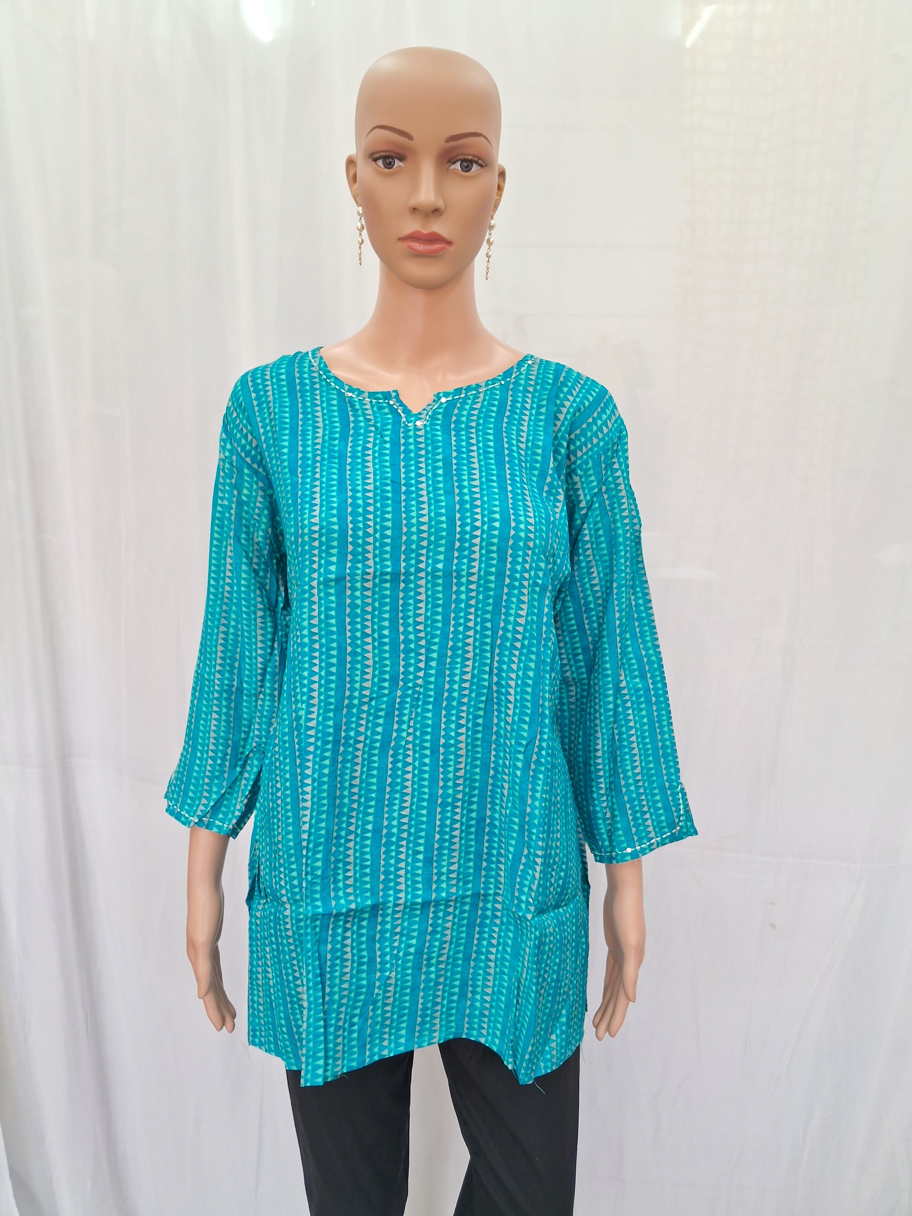 Printed Muslin Tunic With Round Neck - Turquoise