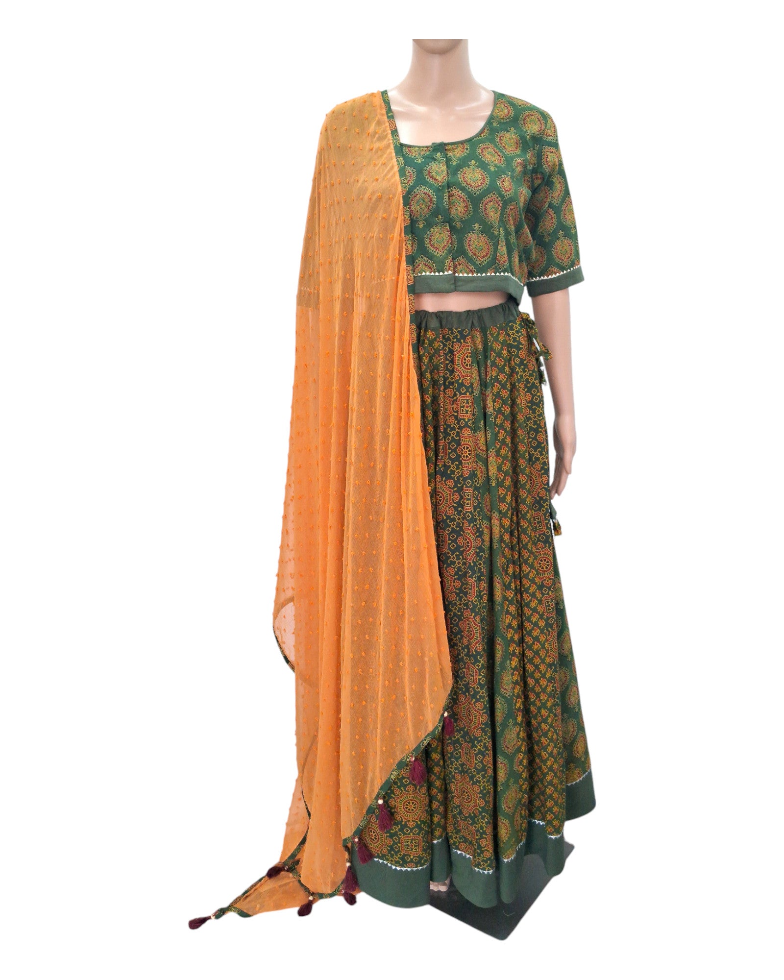 Buy Ajrakh Print Cotton Lehenga Choli Set With Chiffon Dupatta – Tvahra
