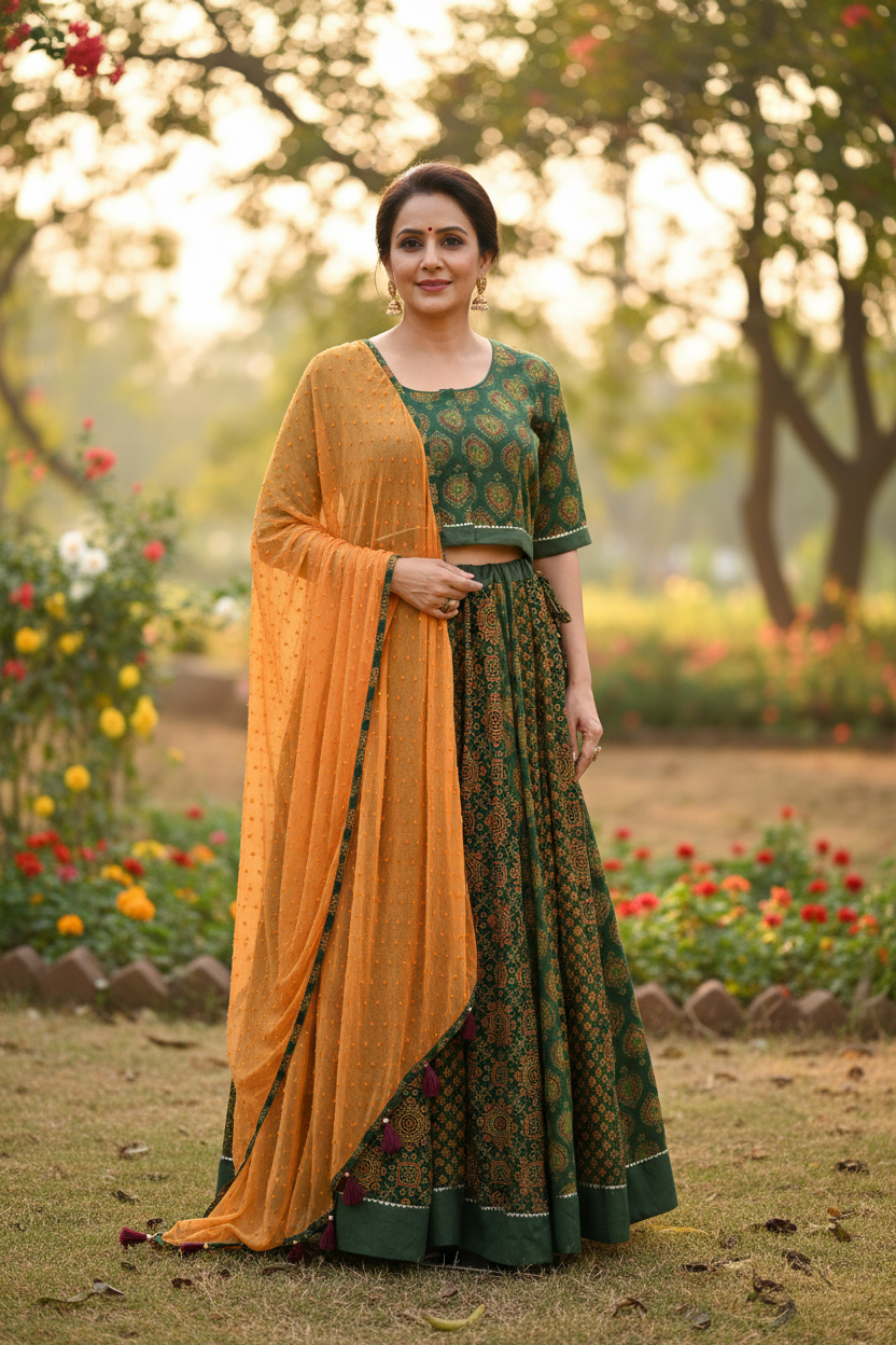 Ajrakh Print Cotton Lehenga Choli Set With Chiffon Dupatta