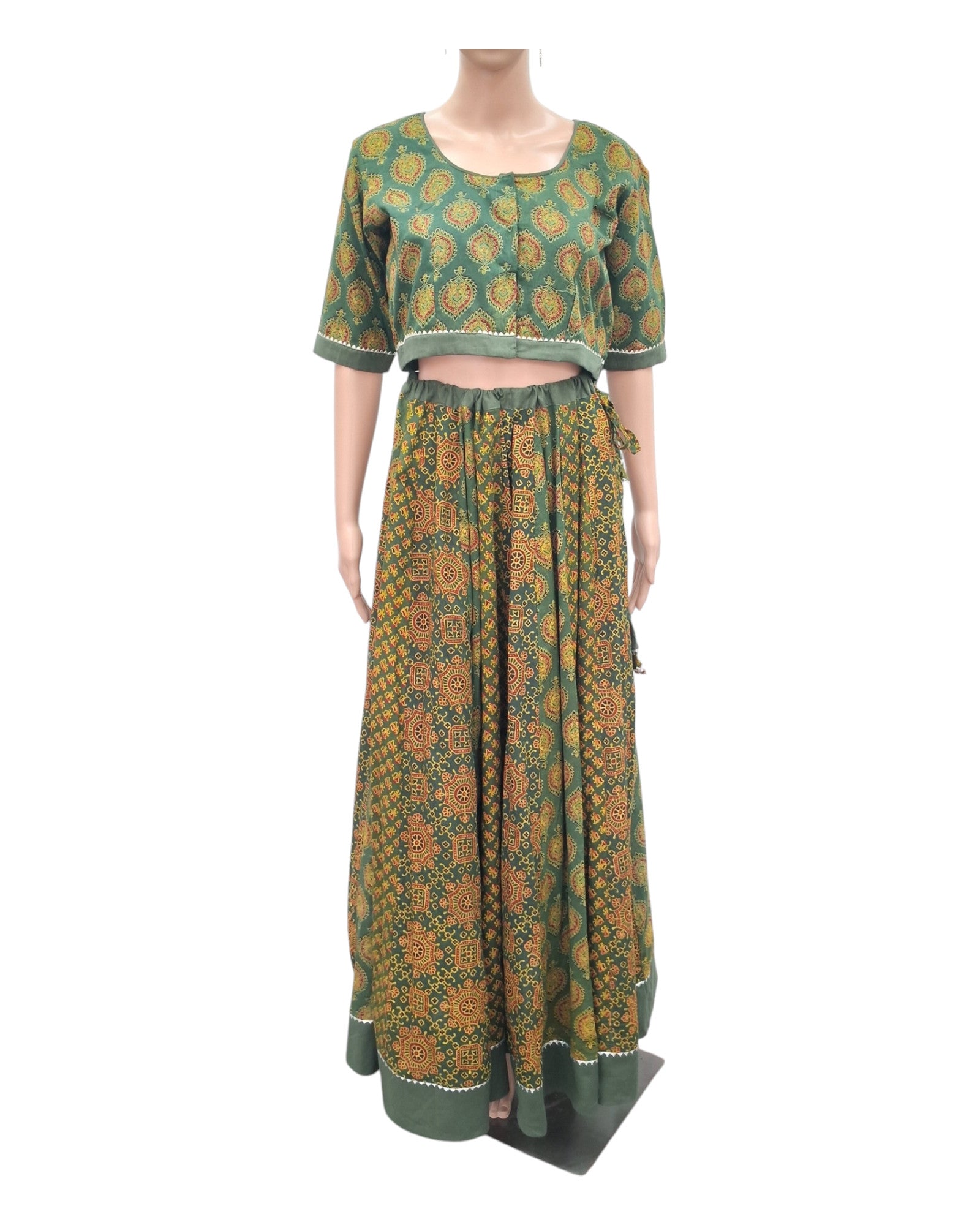 Buy Ajrakh Print Cotton Lehenga Choli Set With Chiffon Dupatta – Tvahra