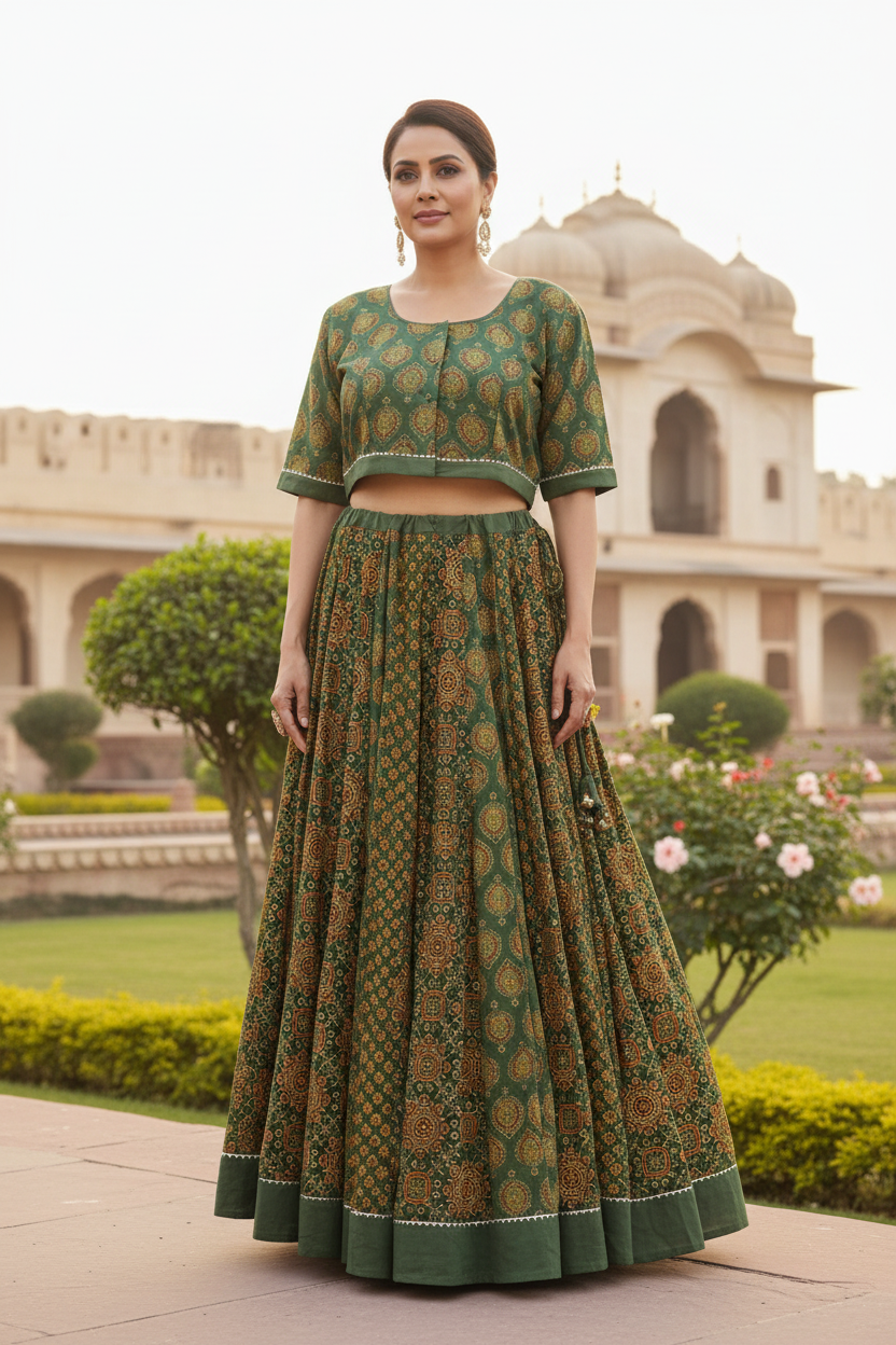 Ajrakh Print Cotton Lehenga Choli Set With Chiffon Dupatta