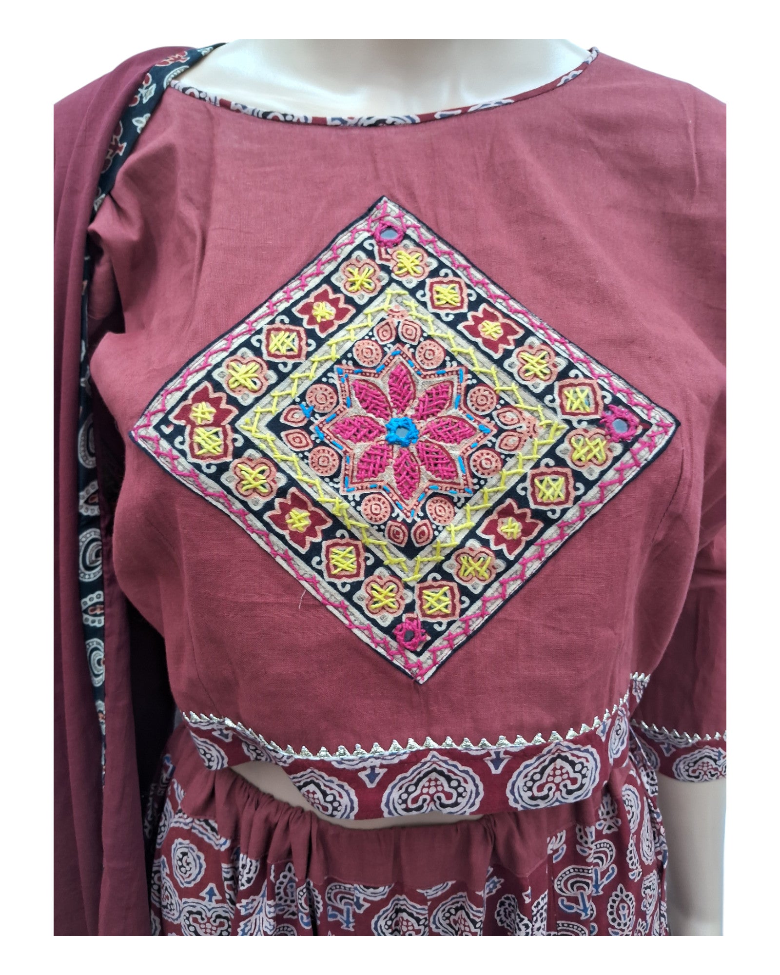 Buy Ajrakh Print Cotton Lehenga Choli Set With Ajrakh Dupatta – Tvahra
