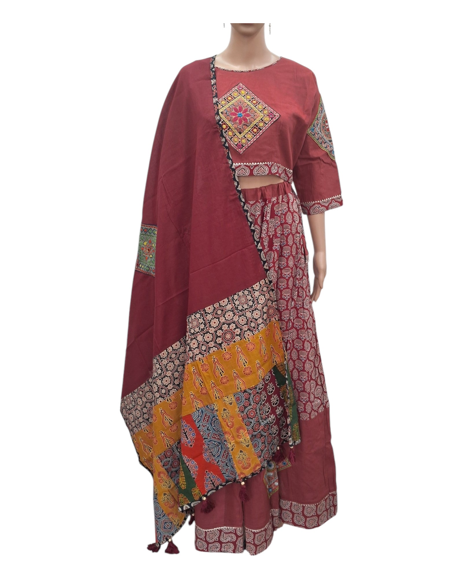 Buy Ajrakh Print Cotton Lehenga Choli Set With Ajrakh Dupatta – Tvahra