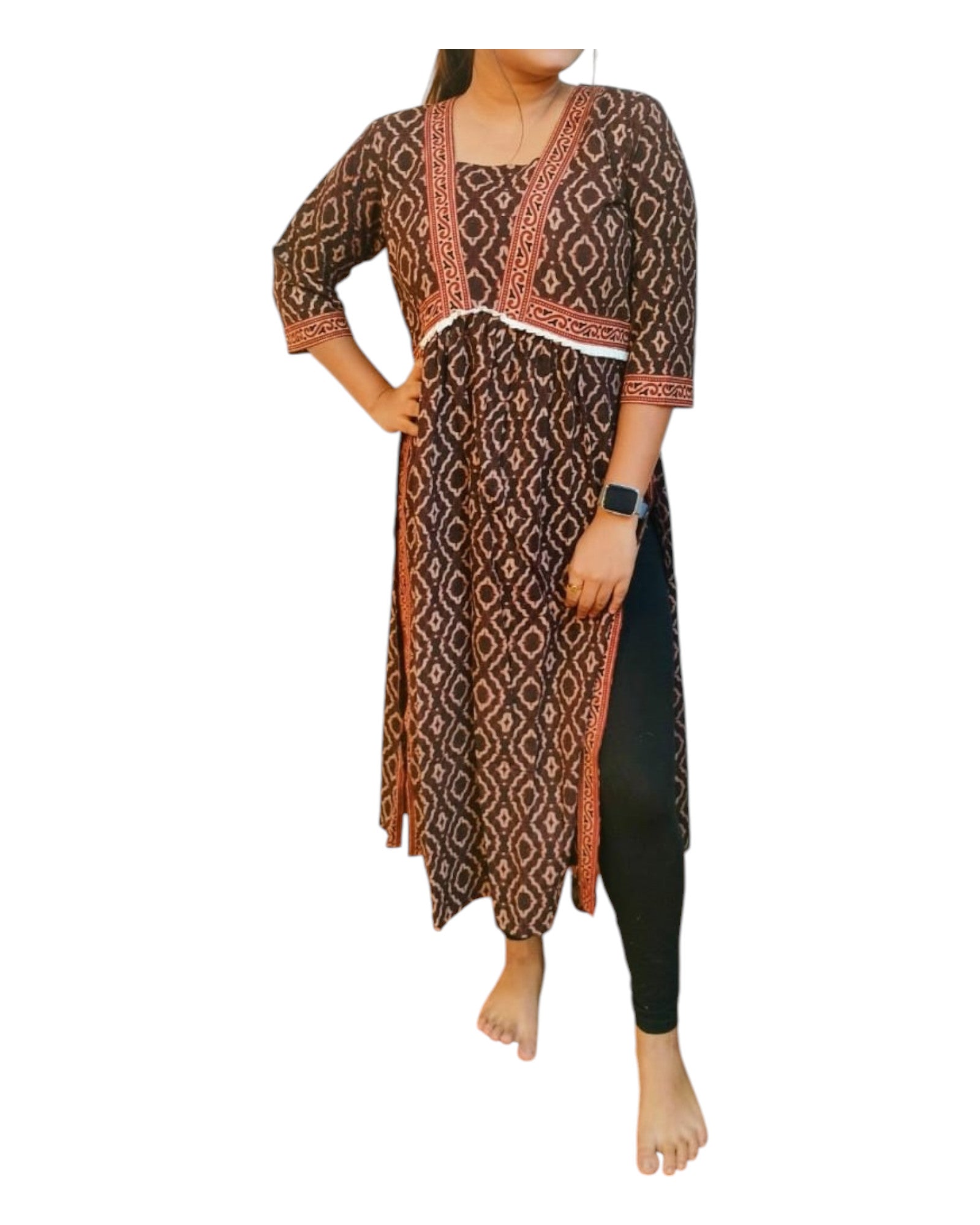 Ajrakh Print Nyra Cut Cotton Kurta - Brown