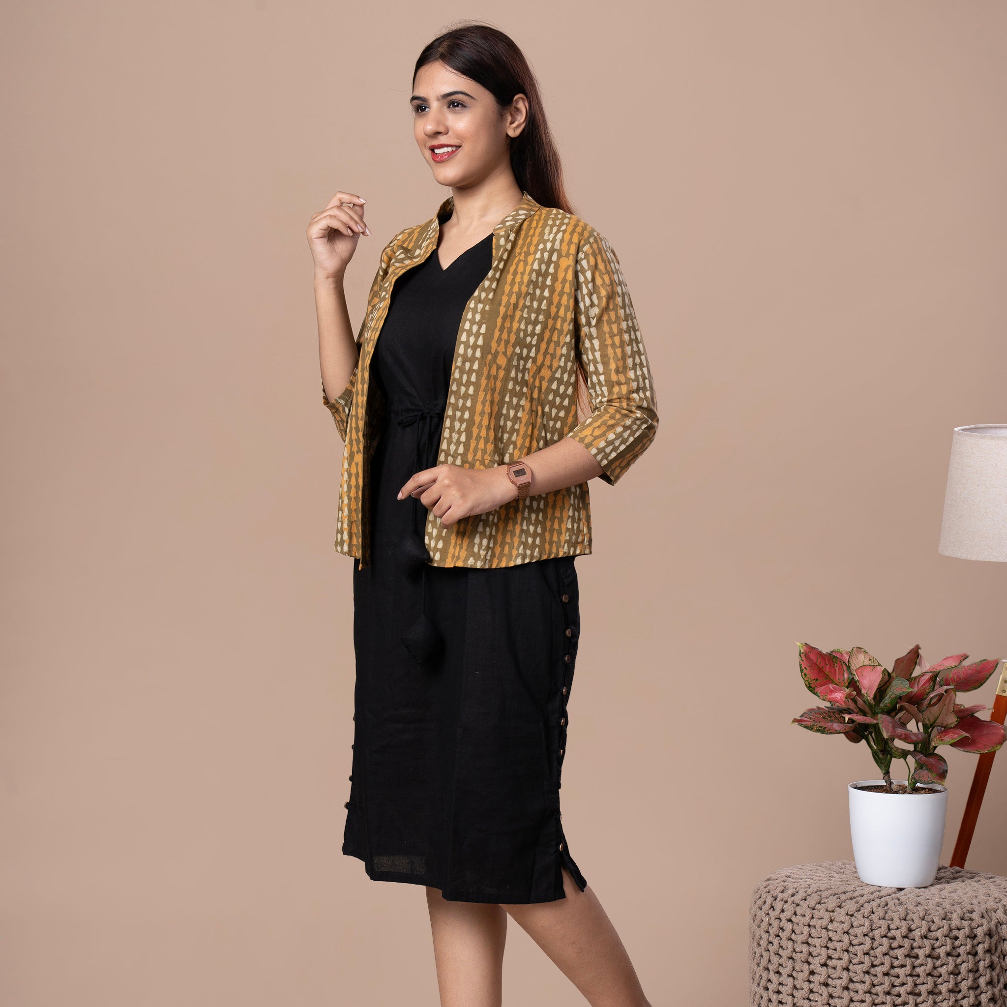 Sleeveless Dress With Block Printed Shrug