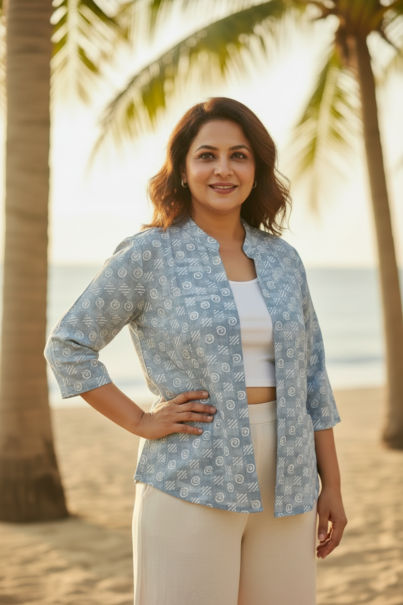 Cotton Printed Short Shrug - Gray