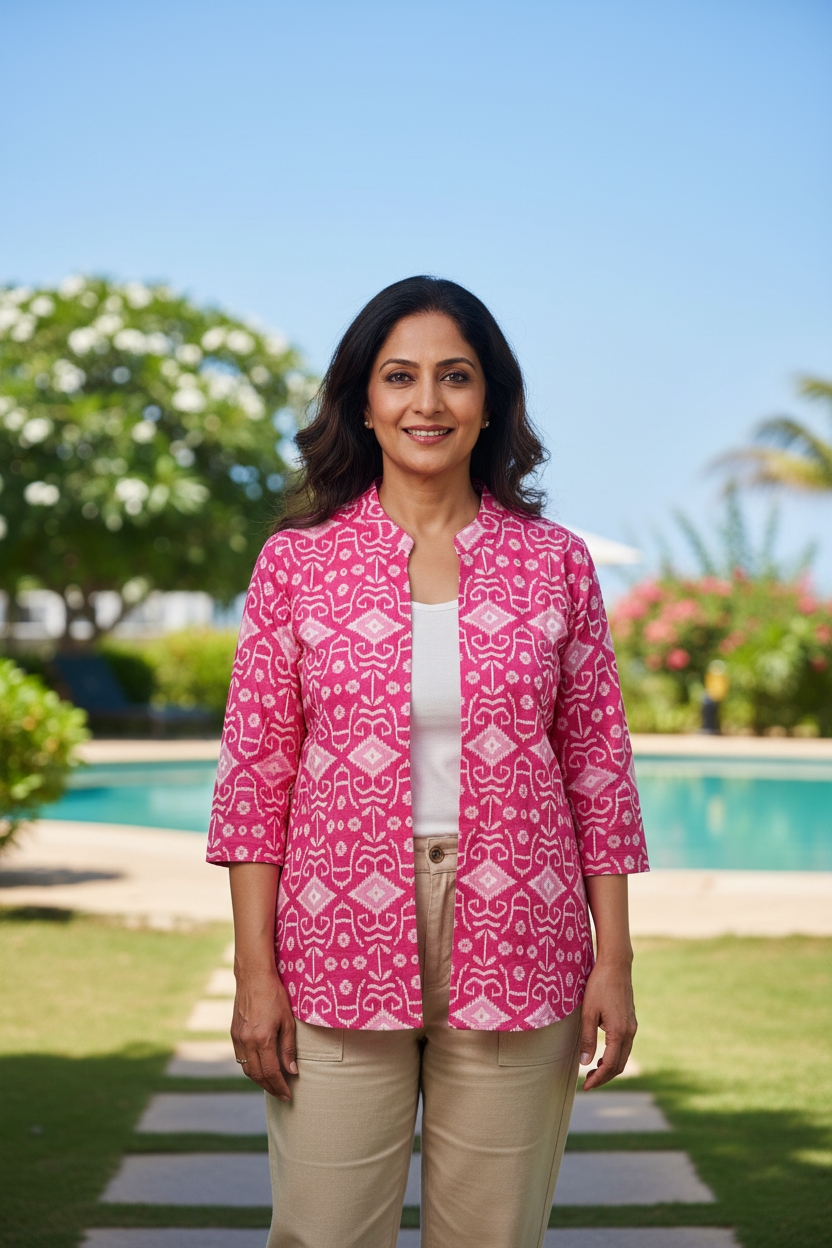 Cotton Printed Short Shrug - Pink