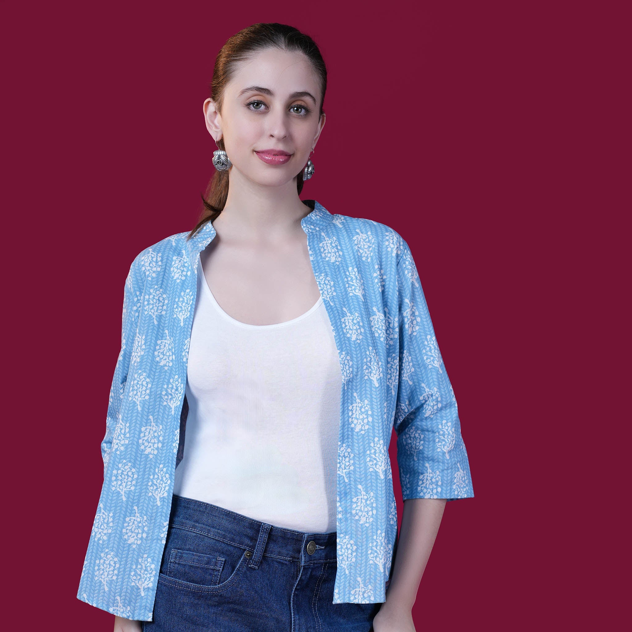 Cotton Printed Short Shrug - Greenish Blue