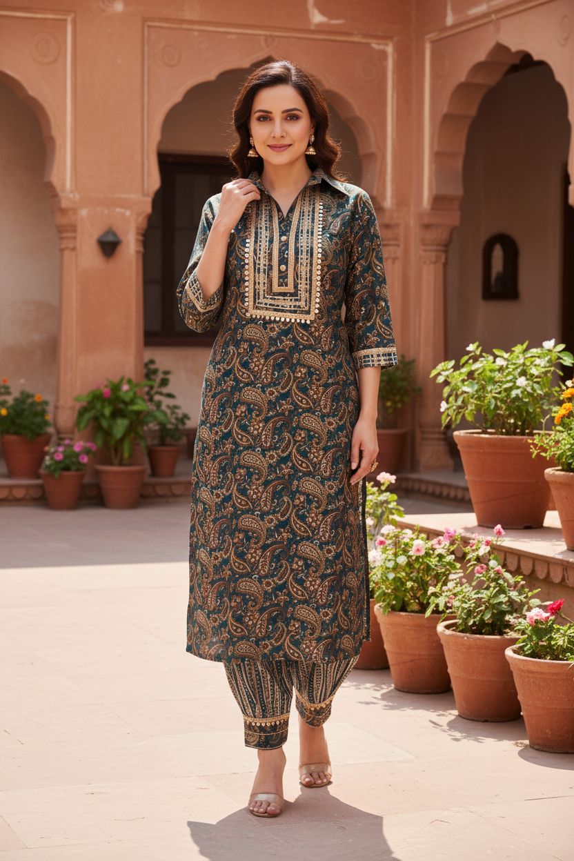 Afghani Pathani Modal Muslin Kurta Pant Set With Collar